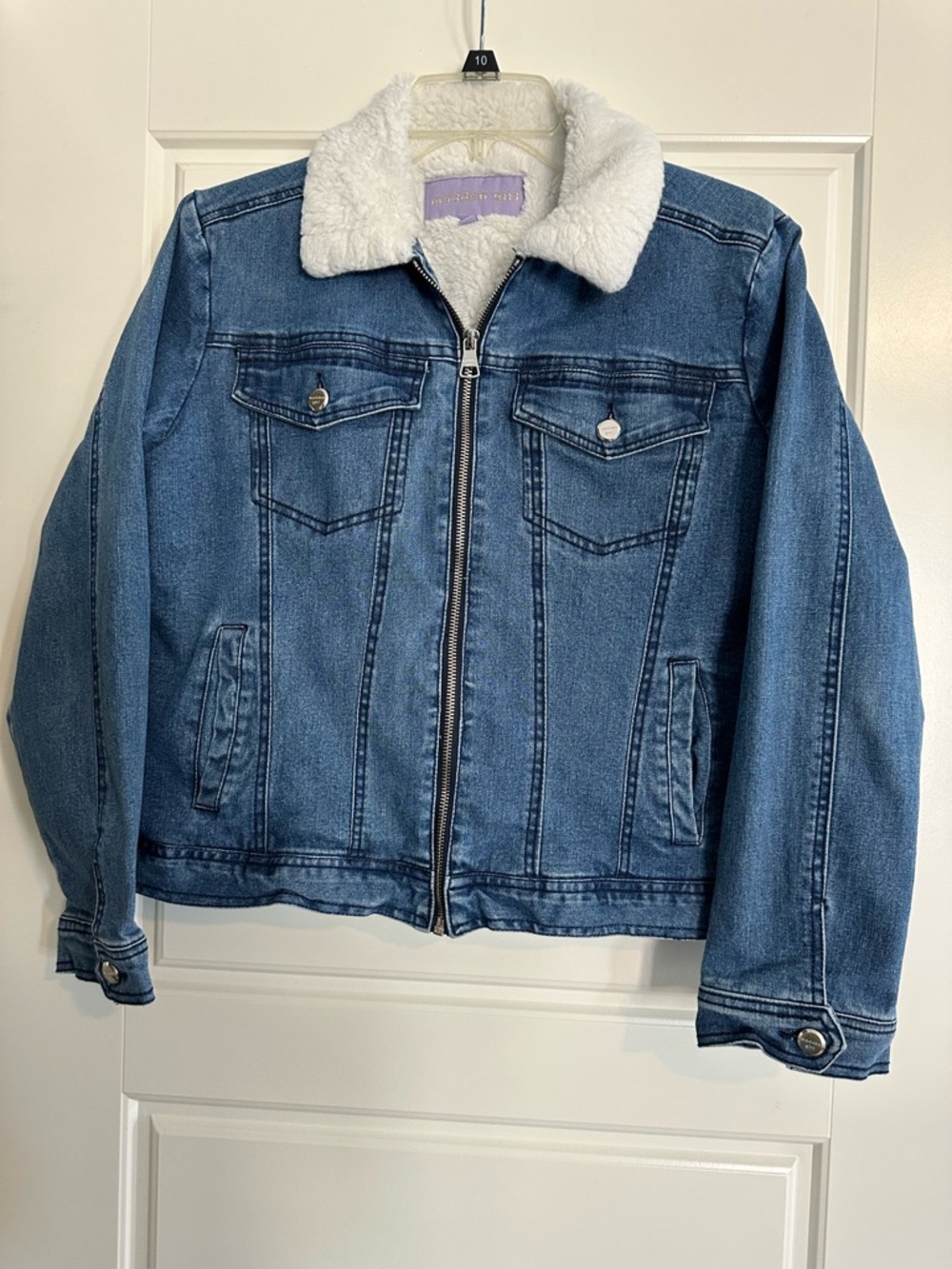 Madden Girl Sherpa Lined Denim Jacket in Medium Blue